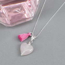 Collar Mujer Corazon Cuarzo Rosado Natural Plata 925 Finas Joyas Cadena - Bisuel