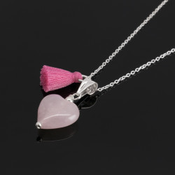 Collar Mujer Corazon Cuarzo Rosado Natural Plata 925 Finas Joyas Cadena - Bisuel
