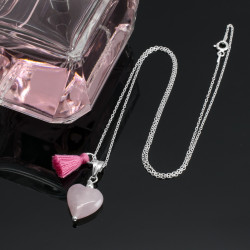 Collar Mujer Corazon Cuarzo Rosado Natural Plata 925 Finas Joyas Cadena - Bisuel