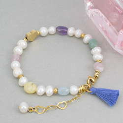 Pulsera Manilla Cuarzos Perlas Naturales Corazon Linda Joya - Bisuel