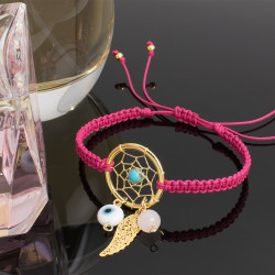 Pulsera Mujer Atrapasueños Hilo Rosado Tejida Mano Chapa Oro - Bisuel