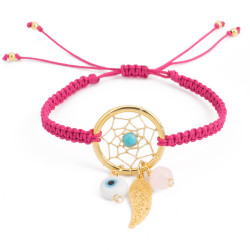 Pulsera Mujer Atrapasueños Hilo Rosado Tejida Mano Chapa Oro - Bisuel