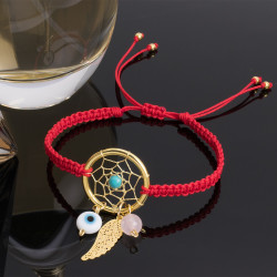 Pulsera Mujer Atrapasueños Hilo Rojo Tejida Mano Chapa Oro - Bisuel