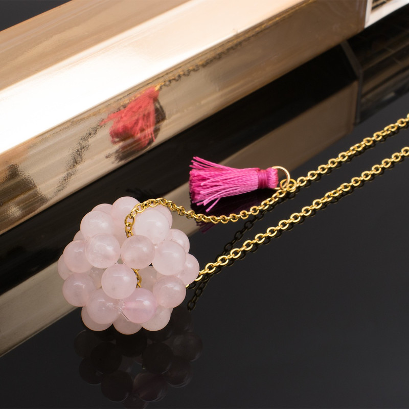 Collar Mujer Dodecaedro Cuarzo Rosado Piedra Nt Cadena Acero - Bisuel