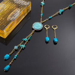 Collar Mujer Aretes Piedra Natural Turquesa Chapa Oro A Mano - Bisuel