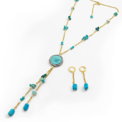 Collar Mujer Aretes Piedra Natural Turquesa Chapa Oro A Mano - Bisuel