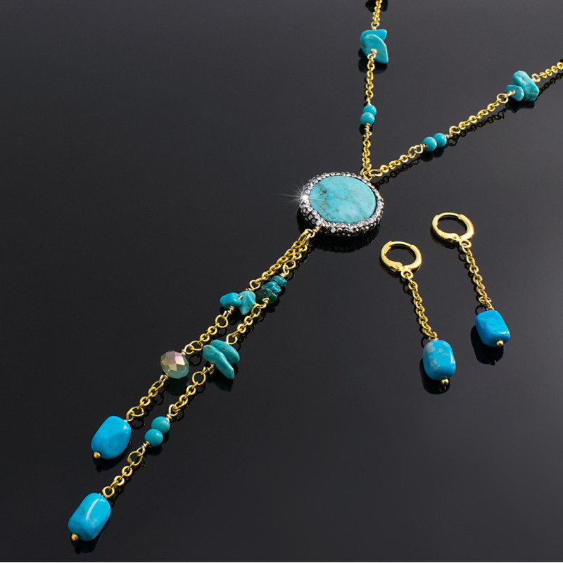 Collar Mujer Aretes Piedra Natural Turquesa Chapa Oro A Mano - Bisuel