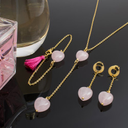 Collar Mujer Aretes Pulsera Corazon Cuarzo Rosado Acero Oro - Bisuel