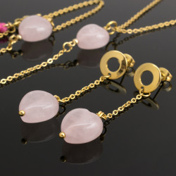 Collar Mujer Aretes Pulsera Corazon Cuarzo Rosado Acero Oro - Bisuel
