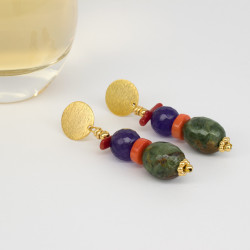 Maxi Aretes Piedras Naturales Multicolor Bronce Chapa Oro Grandes Joya - Bisuel