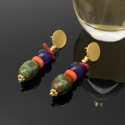 Maxi Aretes Piedras Naturales Multicolor Bronce Chapa Oro Grandes Joya - Bisuel