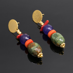 Maxi Aretes Piedras Naturales Multicolor Bronce Chapa Oro Grandes Joya - Bisuel