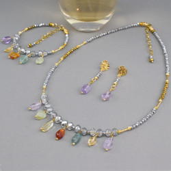Juego Collar Pulsera Aretes Piedras Cuarzos Naturales de Colores Y Cristales