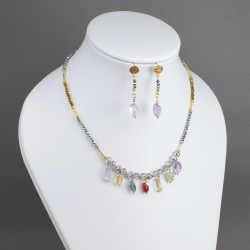 Juego Collar Pulsera Aretes Piedras Cuarzos Naturales de Colores Y Cristales