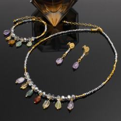 Juego Collar Pulsera Aretes Piedras Cuarzos Naturales de Colores Y Cristales