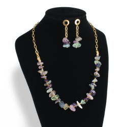 Juego Collar Pulsera Y Aretes con Piedras Naturales Cuarzo Fluorita