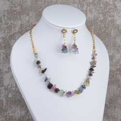 Juego Collar Pulsera Y Aretes con Piedras Naturales Cuarzo Fluorita