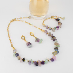 Juego Collar Pulsera Y Aretes con Piedras Naturales Cuarzo Fluorita