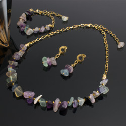 Juego Collar Pulsera Y Aretes con Piedras Naturales Cuarzo Fluorita