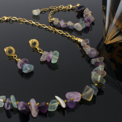 Juego Collar Pulsera Y Aretes con Piedras Naturales Cuarzo Fluorita