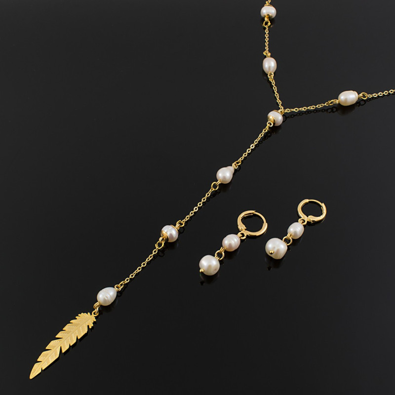 Collar y aretes perlas cultivadas y pluma - Bisuel