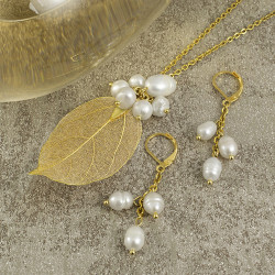 Juego Collar Perlas Cultivadas Reales Hoja Baño Oro - Bisuel