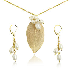 Juego Collar Perlas Cultivadas Reales Hoja Baño Oro - Bisuel